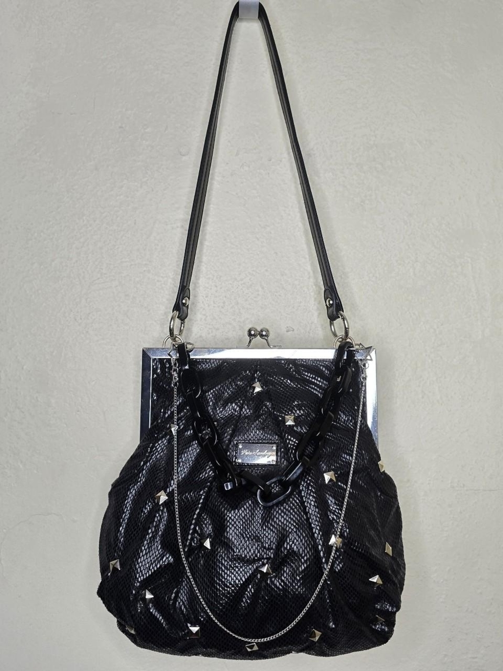 Custom Studded Kate Landry Frame Shoulder Bag Medium Black Poly Fabric Y2K - Picture 2 of 8